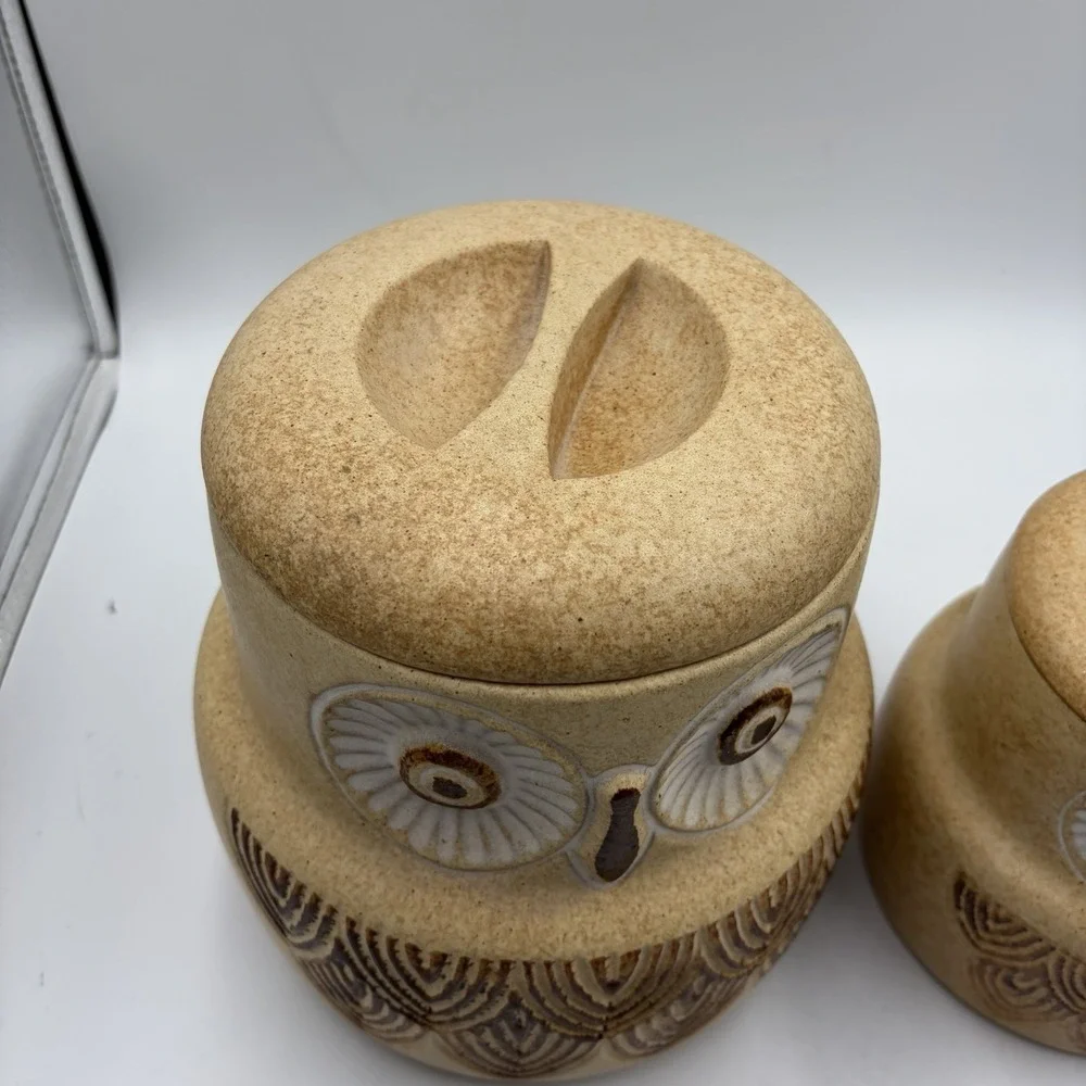 Two Vtg Owl Canisters W/ Lids 1970s Pottery Craft USA MCM Cottagecore Country